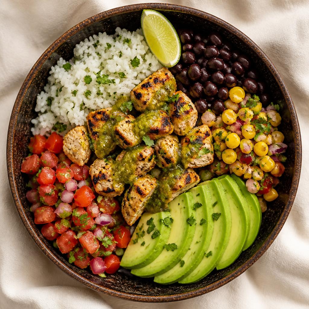 Habit Bowls high protein burrito bowl with grilled chicken, cilantro lime rice, black beans, avocado and pico de gallo