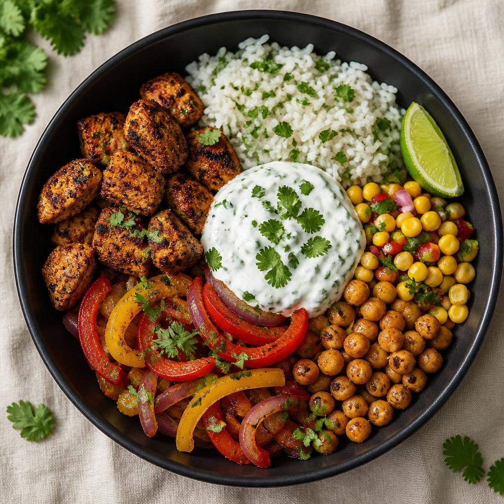 Habit Bowls high protein burrito bowl with grilled chicken, cilantro lime rice, fajita veggies, corn salsa, chickpeas and Greek yogurt mixed with cilantro